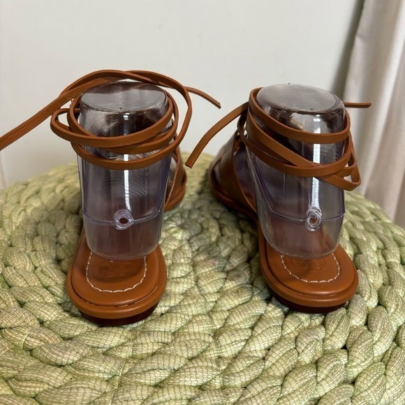 NWOB Tory Burch Gemini Link Lace Up Wrap Flat Royal Tan/Gold Leather Sandals - Picture 10 of 12